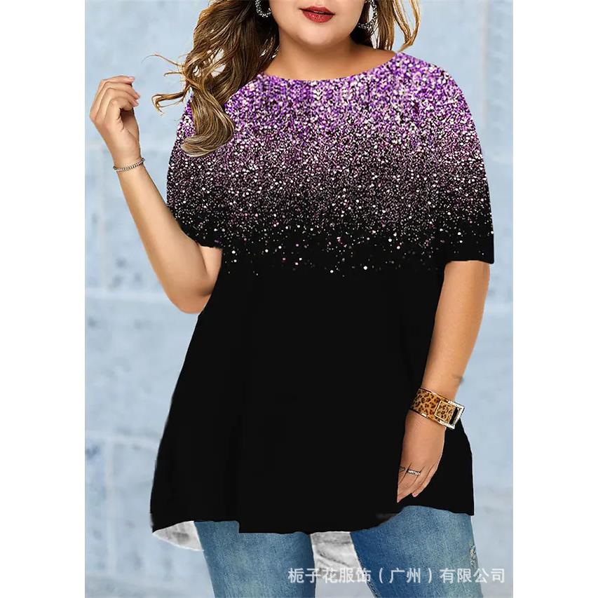 Womens large size T-shirt round neck loose gradient T-shirt