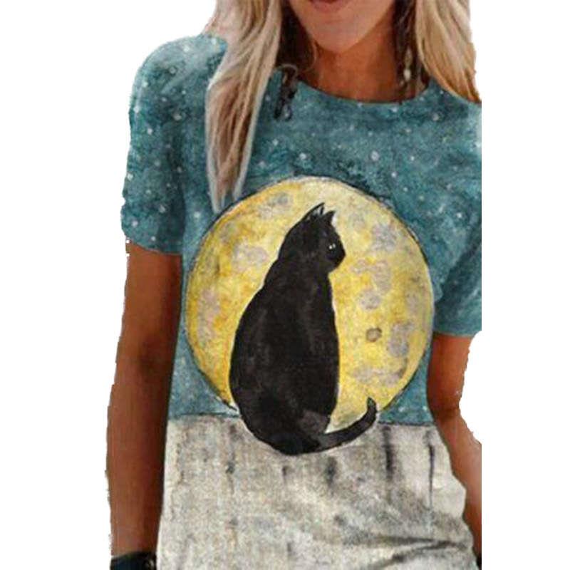 Womens Print Sky Star Cat Print Round Neck Short Sleeve