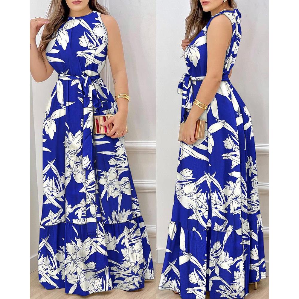 elegant womens blue dresses summe neck dress lace up print