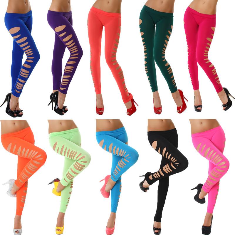 elastic trend pants hole pencil fit leggings high side slim