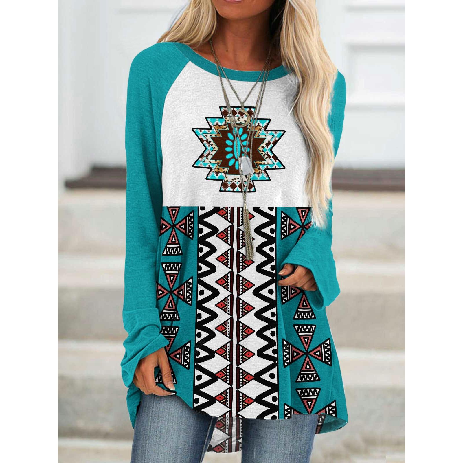 Round Western T-Shirt Style Sleeve Long Loose Raglan Womens