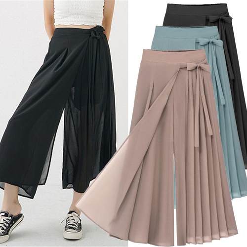 Womens Large Size Casual Wide Leg Pants Chiffon Pleated