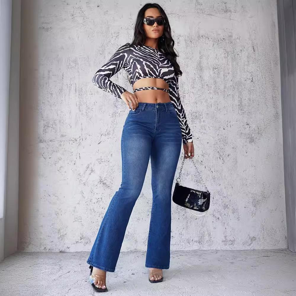 Women's fashion casual high waist tummy flared jeans