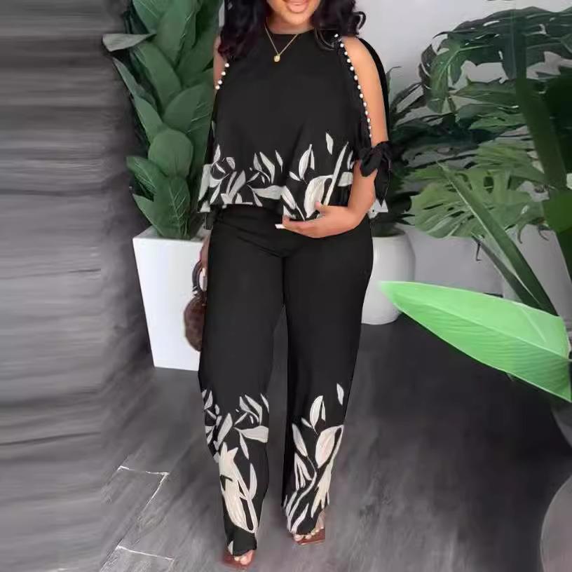 new summer print  women sleeveless round neck wide leg