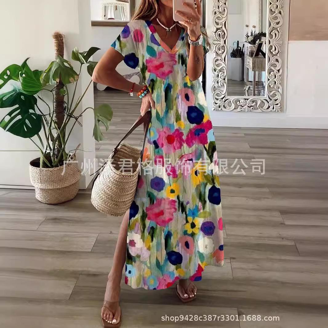 summer women print dress new fashion neck loose holiday