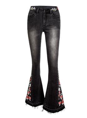 women for trousers jeans black flared flower embroidered