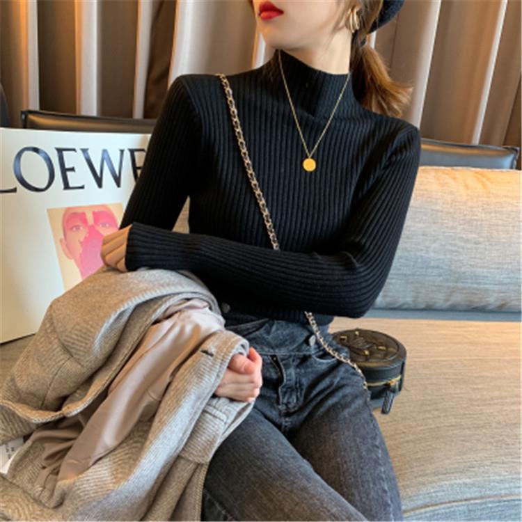 women jumper pullovers half-high new long ribbed sweater