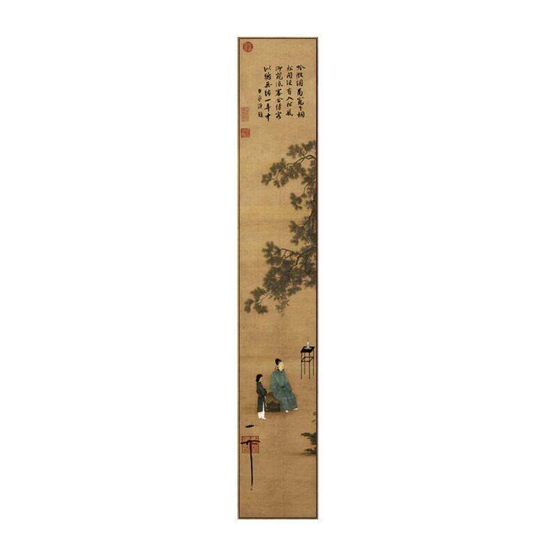 新中式客厅装饰画听琴图竖版细长条书房背景墙壁画茶室玄关挂画