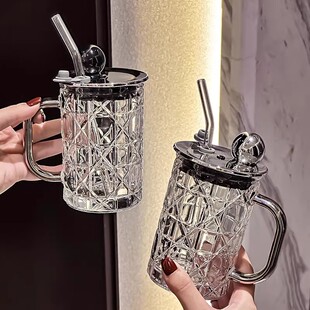 德国带盖玻璃杯大容量办公室杯子带把手吸管杯女生高颜值咖啡杯