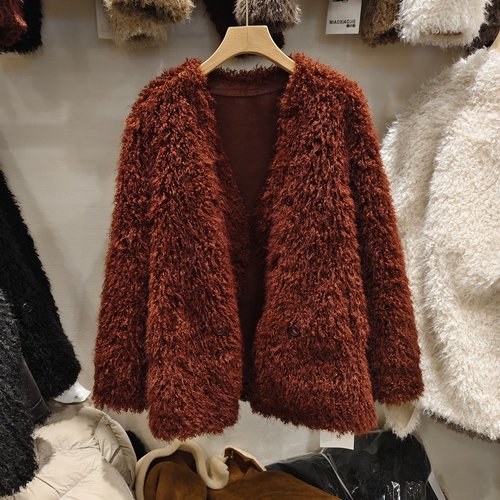 时尚V领长袖毛毛厚外套女