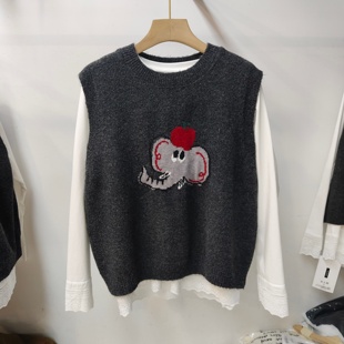 镂空花边长袖 休闲减龄卡通小象针织马甲 T恤两件套女2025 新品 冬季