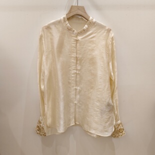 早春新中式钉珠立领人丝长袖衬衫女2026新款气质提花百搭国风上衣