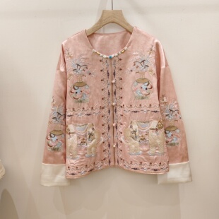 新中式重工刺绣圆领盘扣醋酸外套女时尚国风宽松上衣2026早春新款