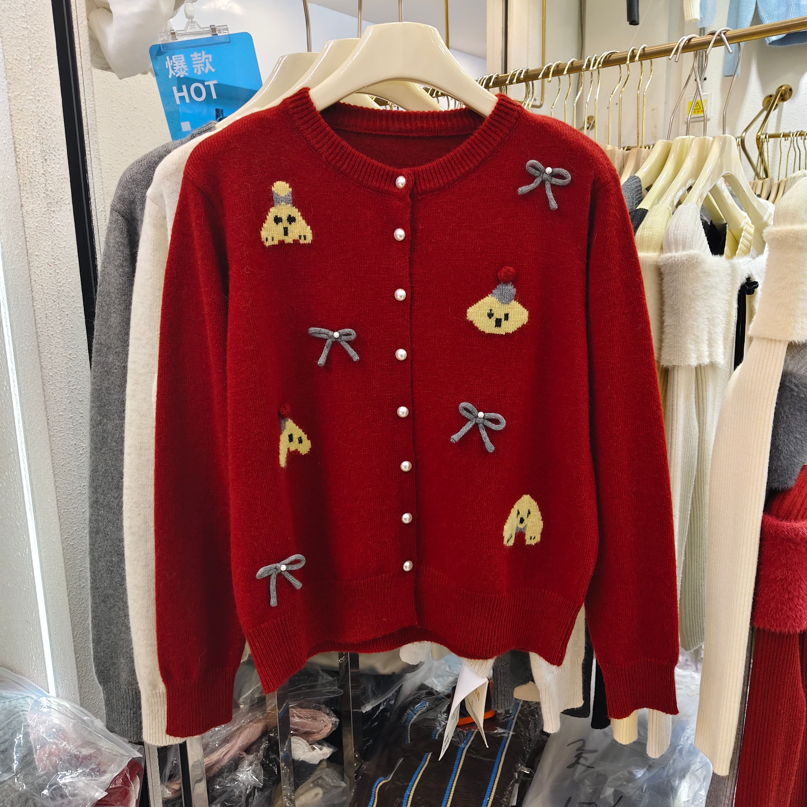 蝴蝶结绵羊毛圆领针织开衫女