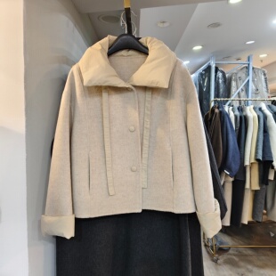 时尚拼接白鸭绒羽绒翻领双面山羊绒大衣女宽松显瘦短款绵羊毛外套