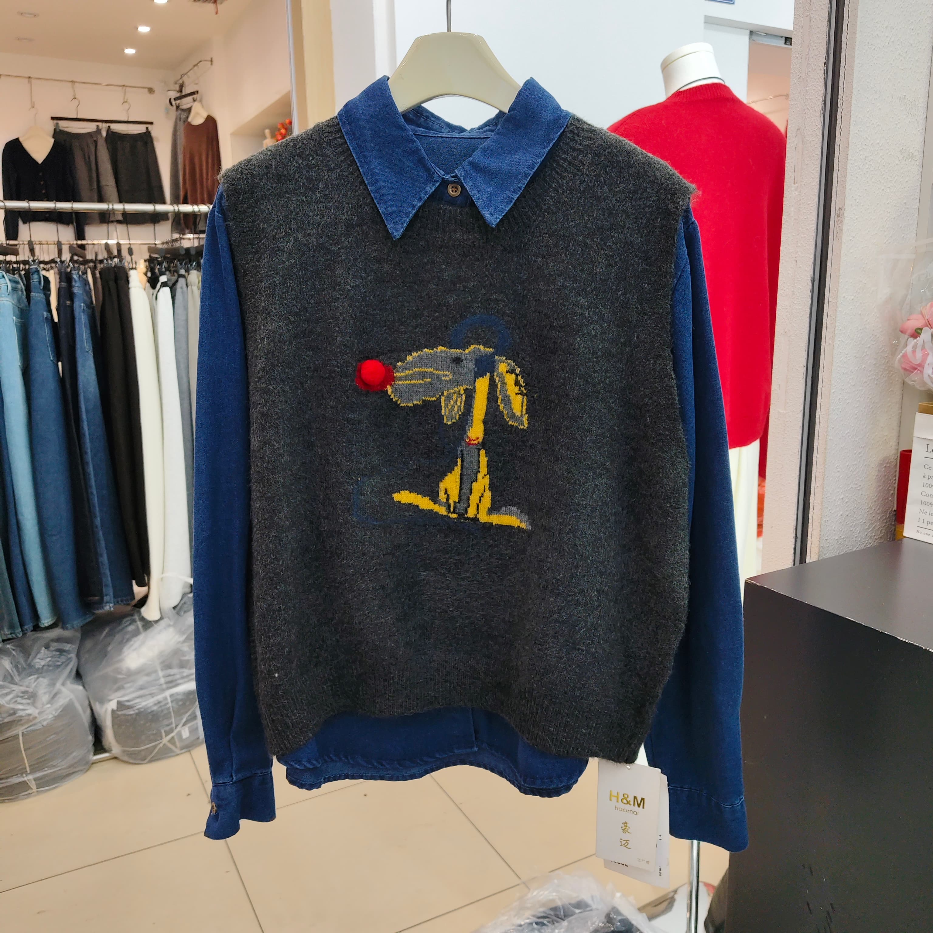 提花针织马甲叠穿翻领牛仔衬衫