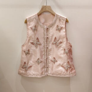 早春重工钉珠蝴蝶新中式圆领马甲女2026新款时尚气质人丝国风上衣