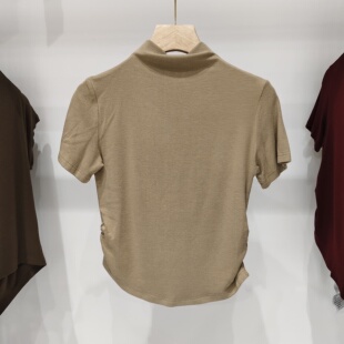 纯色简约半高领短袖打底衫T恤女2025早秋新款褶皱设计感内搭上衣