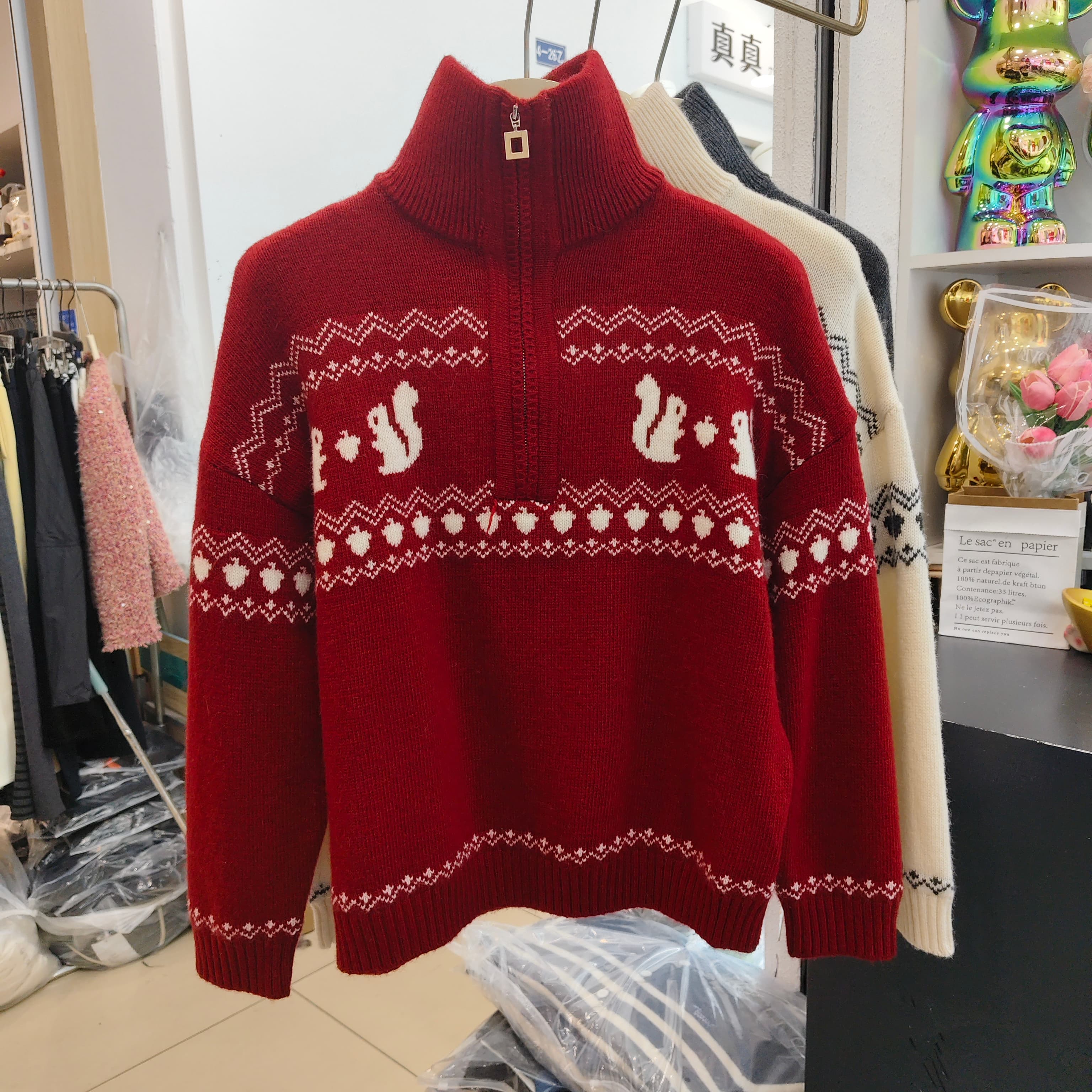 半拉链高领长袖针织衫女