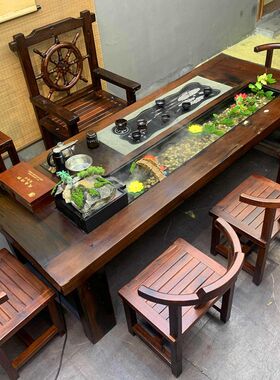 老船木茶桌椅组合循环流水养鱼茶台禅意家用新中式茶桌一体一整套