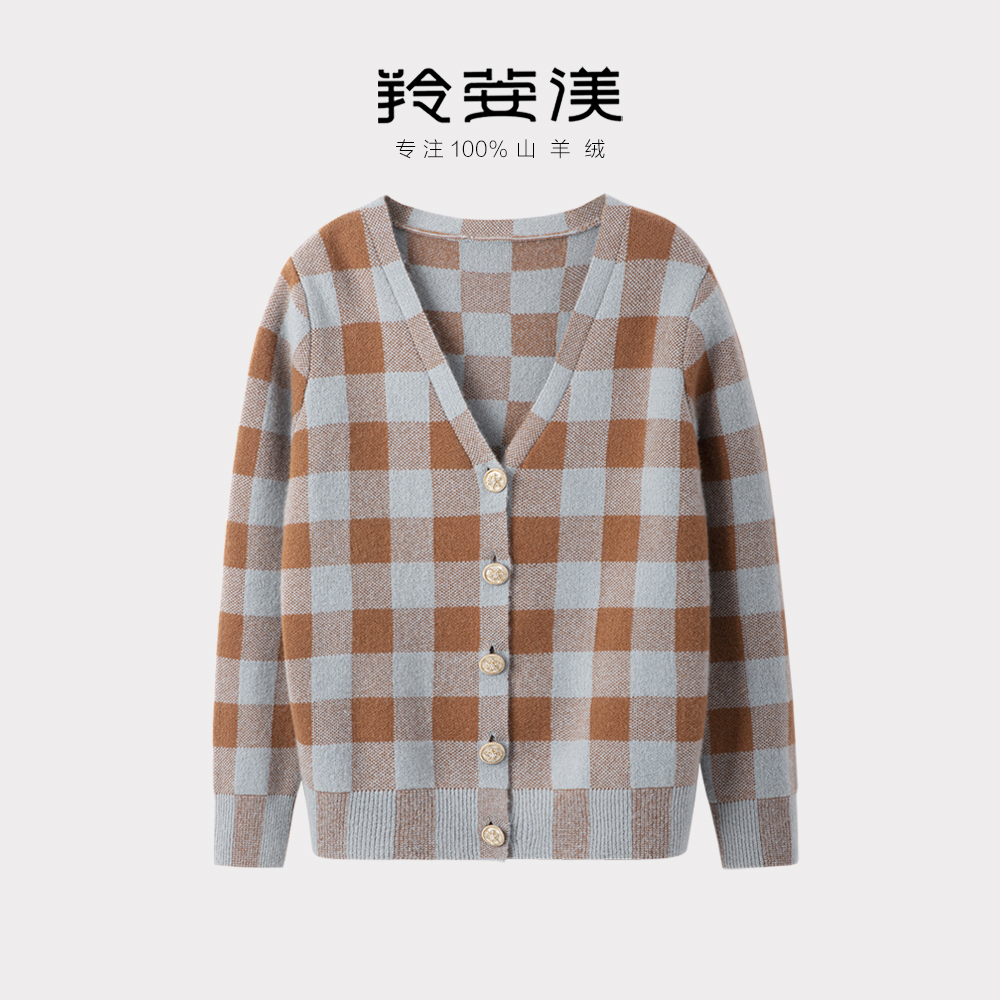 羚荌渼V领方格加厚毛衣针织上衣