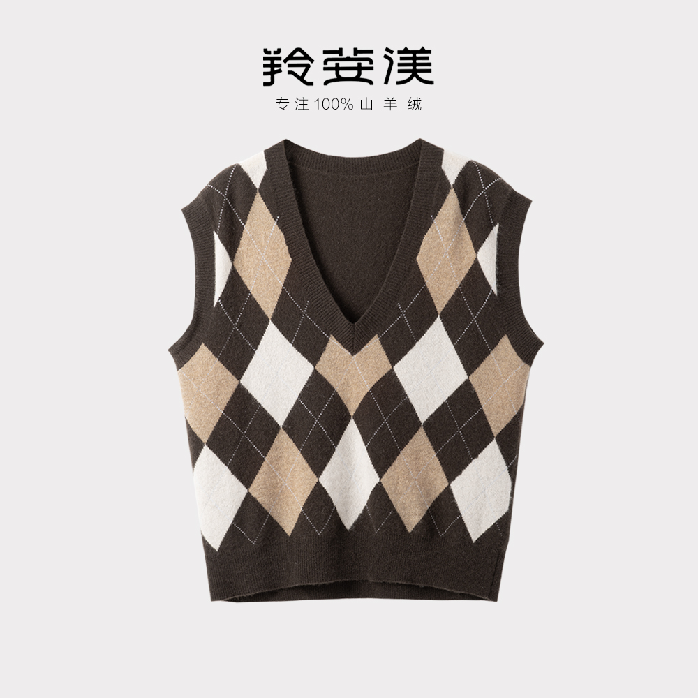 减龄显瘦~手工提花！V领羊绒背心女纯羊绒毛衣套头针织衫马甲拼色