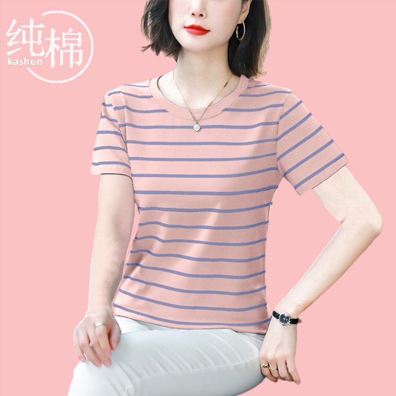 纯棉圆领条纹短袖t恤女宽松显瘦简约体恤夏季爆款新款遮肉上衣女