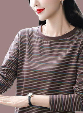 春季宽松纯棉秋衣外穿长袖打底衫女t恤春秋条纹正肩上衣妈妈小衫