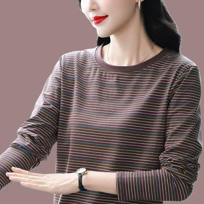 春季宽松纯棉秋衣外穿长袖打底衫女t恤春秋条纹正肩上衣妈妈小衫