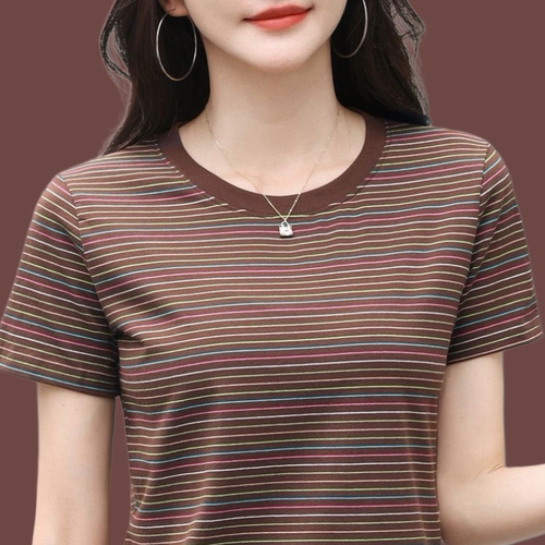 纯棉短袖t恤女 新款2026夏装洋气遮肚百搭小衫中老年妈妈条纹上衣