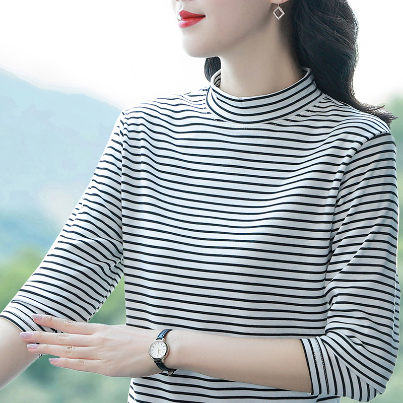 条纹薄绒打底衫女冬季装半高领长袖t恤秋衣内搭宽松上衣中年妈妈