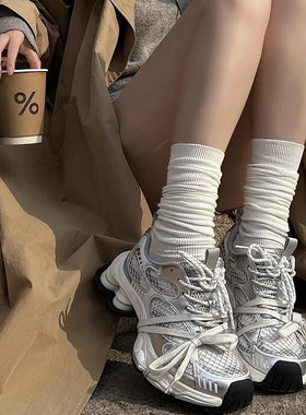 KIKIBEST春季新款复古银色厚底老爹鞋女绑带网面透气百搭运动鞋