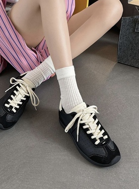 KIKIBEST复古黑色真皮德迅训鞋女透气休闲百搭系带运动软底阿甘鞋