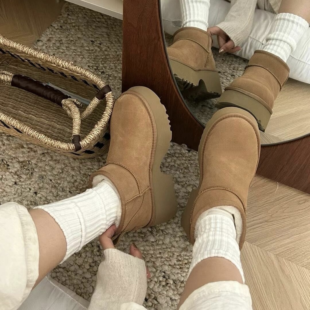 KIKIBEST牛皮厚底人鱼保暖粗跟短筒雪地靴女冬季新款加绒加厚棉鞋