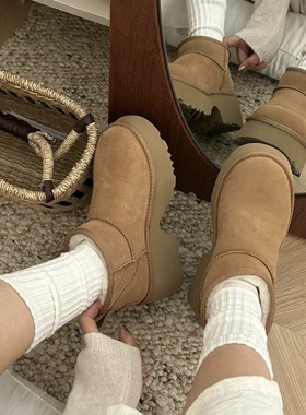 KIKIBEST牛皮厚底人鱼保暖粗跟短筒雪地靴女冬季新款加绒加厚棉鞋