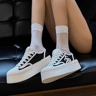 女黑白熊猫百搭低帮休闲帆布鞋 厚底增高饼干鞋 KIKIBEST