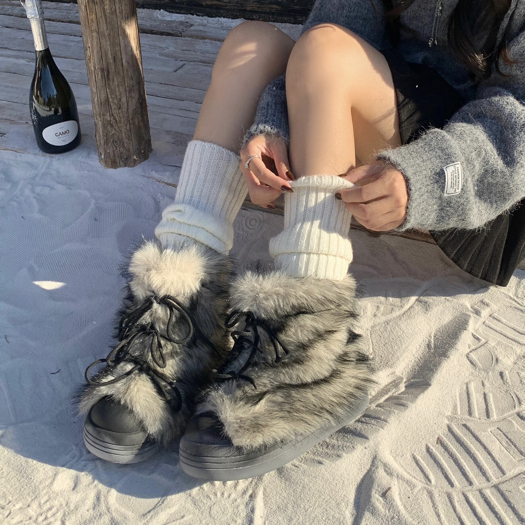 KIKIBEST厚底毛毛雪地靴女冬季新款加绒加厚户外大头保暖棉鞋