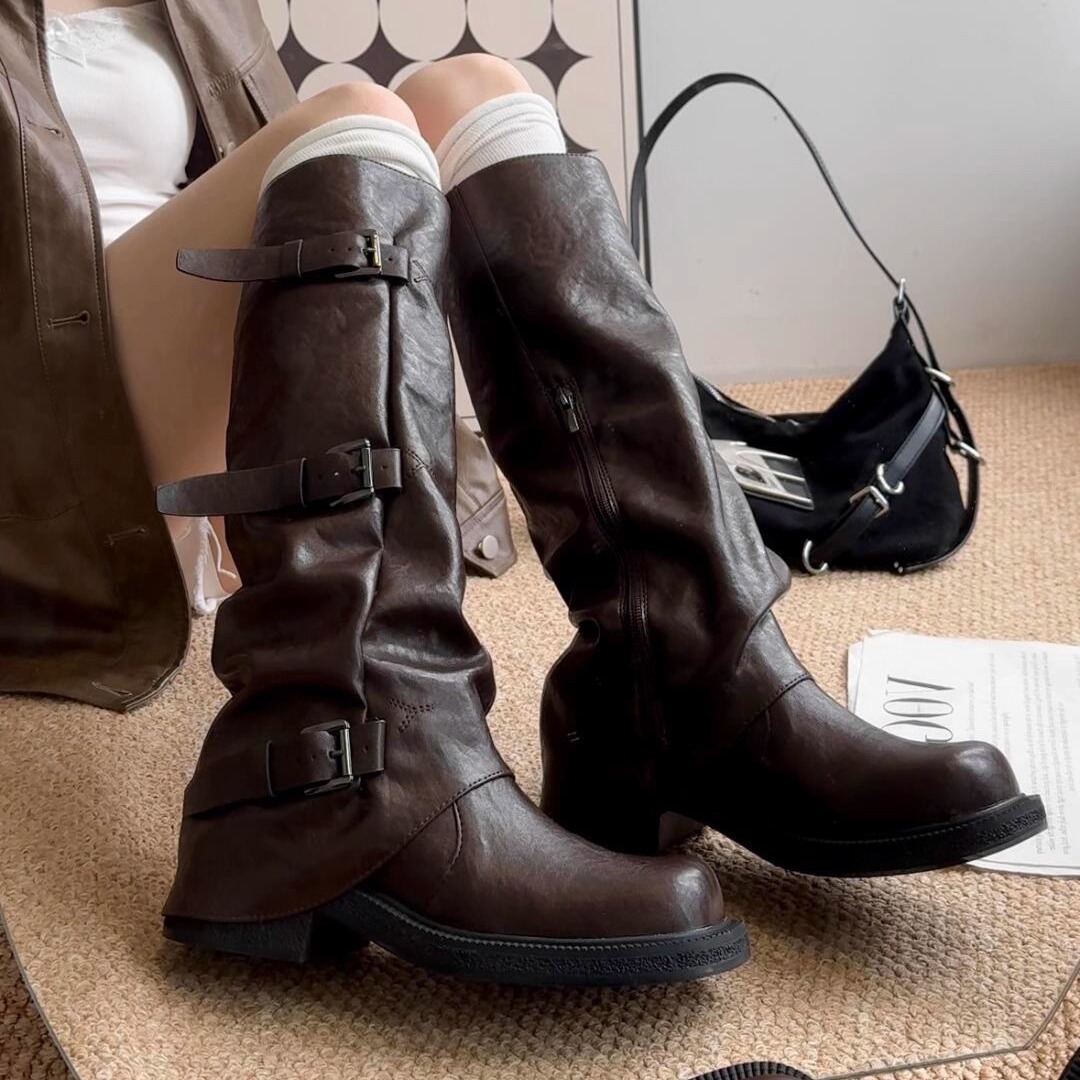 KIKIBEST复古皮带扣褶皱堆堆靴女新款粗跟厚底骑士靴中筒马丁靴