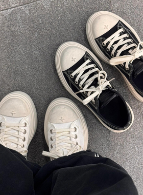 KIKIBEST厚底增高复古做旧脏脏鞋女新款十字花流星休闲百搭帆布鞋