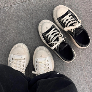 KIKIBEST厚底增高复古做旧脏脏鞋女新款十字花流星休闲百搭帆布鞋