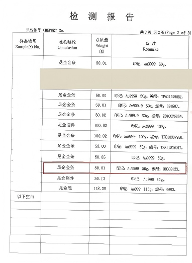 6号标的：足金金条1件（中国黄金，约50g）