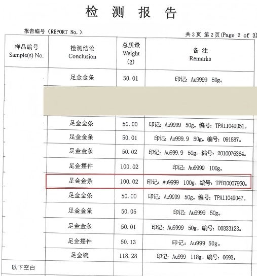 2号标的：足金金条1件（重约100g）