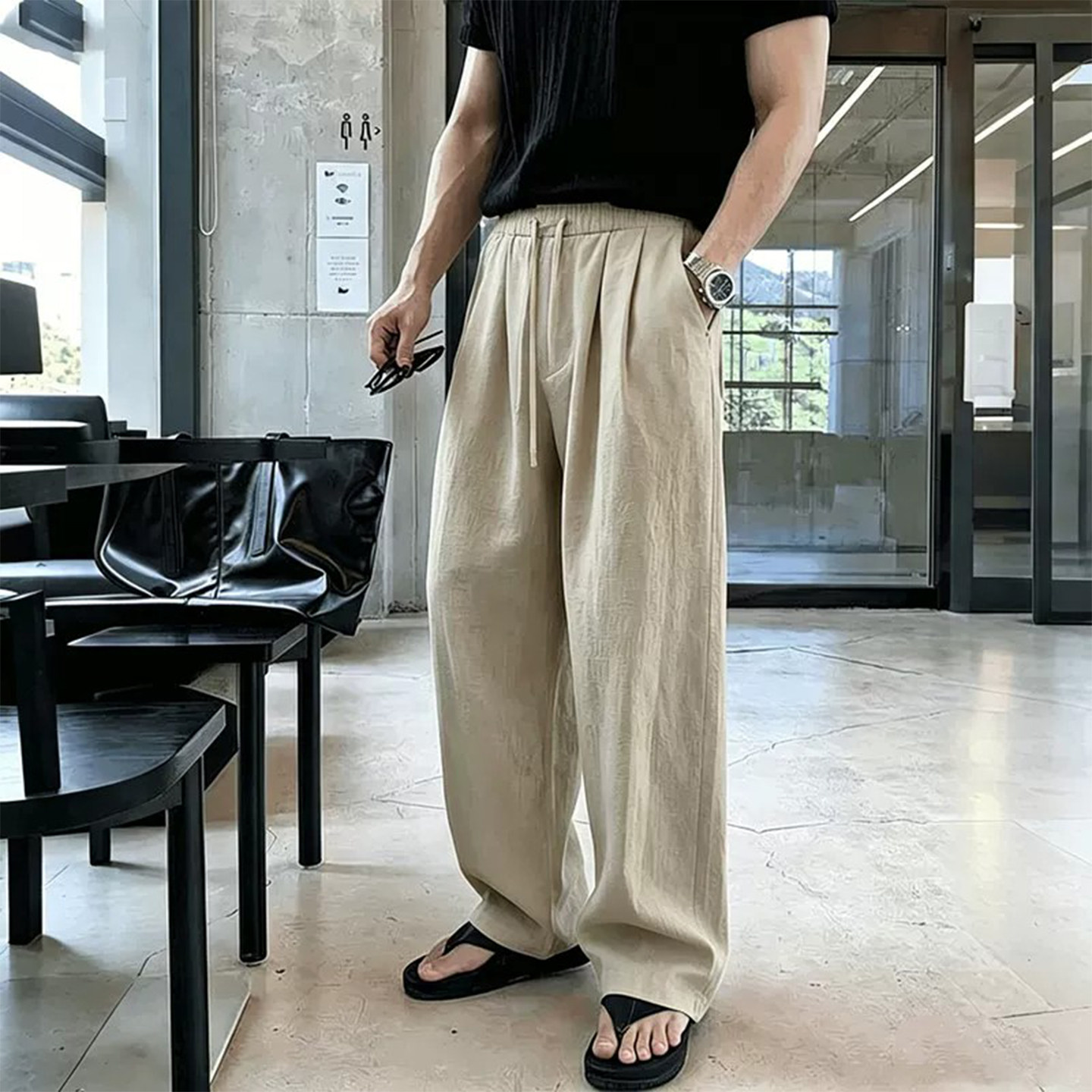 山东亚麻裤子夏薄款男士褶皱老钱风穿搭慵懒松弛感阔腿宽松直筒裤