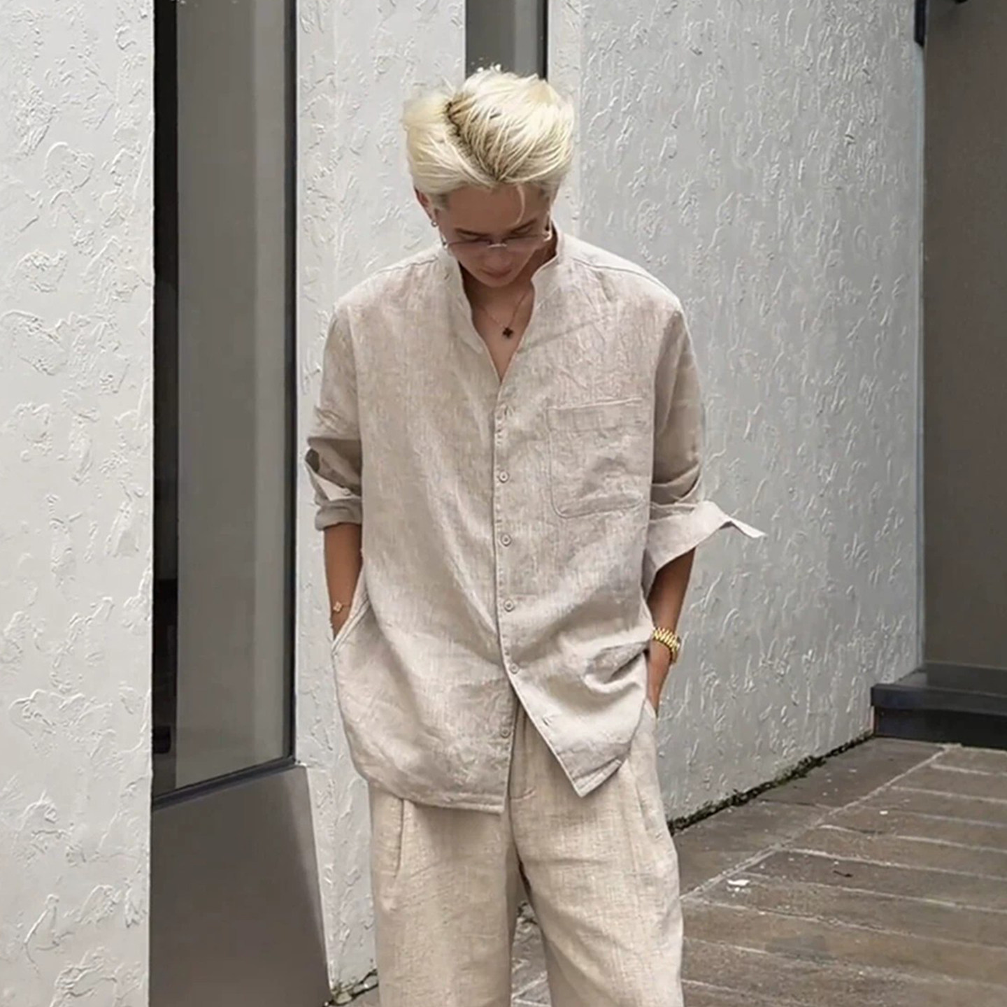 老钱风亚麻衬衫男款夏薄款长袖慵懒松弛感新中式男装立领防晒衬衣