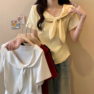領(lǐng)蝴蝶結(jié)短袖 女裝 新款 設(shè)計感海軍 同學(xué)3305工作室原創(chuàng)2025年大碼
