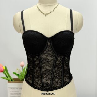 法式蕾丝网纱鱼骨胸衣吊带背心上衣女 Lace mesh fishbone corset