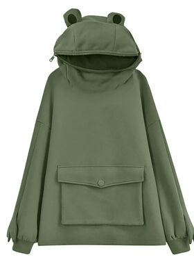 Couple frog hooded plush sweater情侣纯色休闲青蛙连帽加绒卫衣