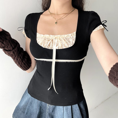 Lace patchwork short sleeved T-shirt top 蕾丝拼接短袖T恤上衣