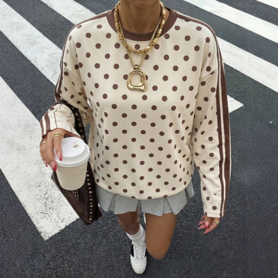 秋季女士撞色波点条纹宽松卫衣