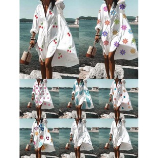 Printed V-neck button beach skirt for women印花V领纽扣沙滩裙